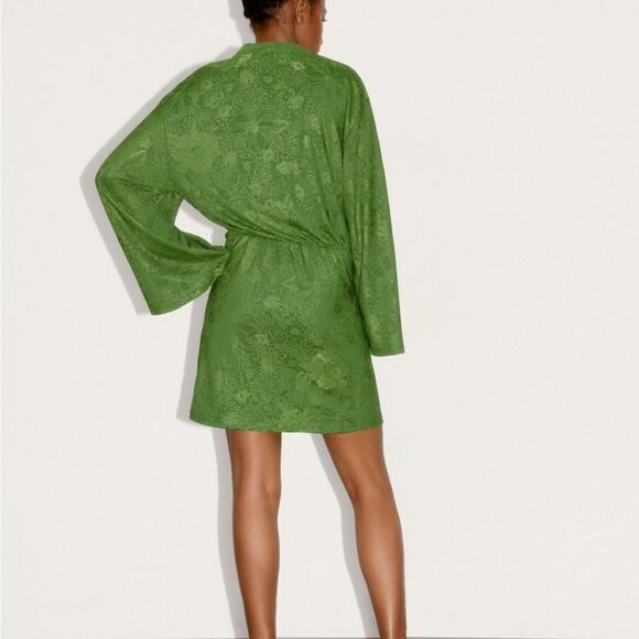 ZARA jacquard dress green ties wrap blogger favorite large L - Picture 10 of 13